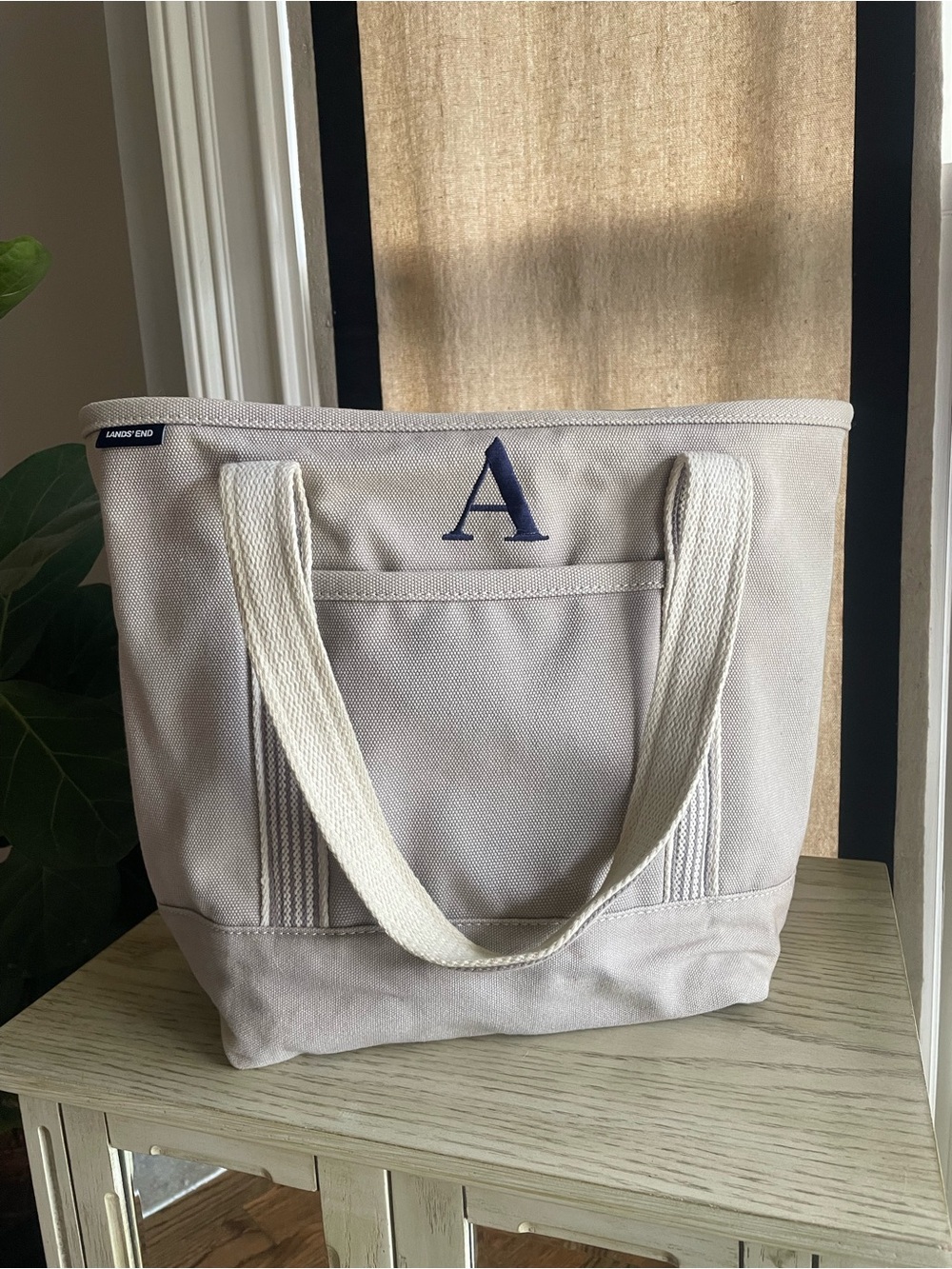 Lands' End Canvas Tote Bag - grey with Navy Monogram